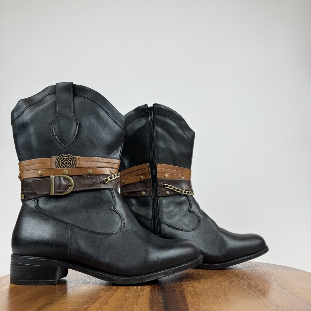 Womens Sandro Moscoloni Robin Belted Black Leather Cowboy Boots Size 7 M GUC‎